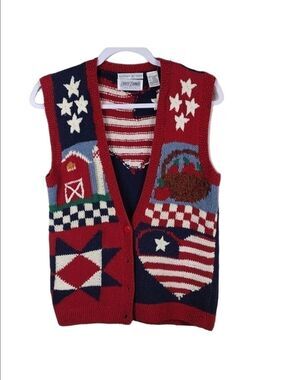 Laura Daniels Knitted By Hand Sleeveless Button Front Patriotic Sweater Vest